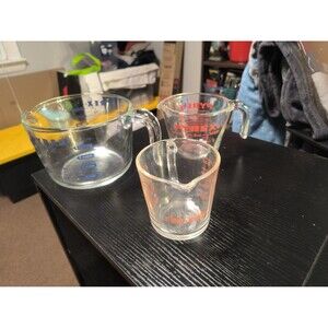 VTG Pyrex 3 Piece Measuring Cups Pyrex Blue 4 Cup Pyrex Red 1 Cup Fire King Cup